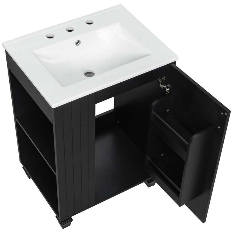 Meuble-lavabo 24 po avec lavabo, armoire de salle de bain avec tablette de porte, rangement latéral ouvert, Noir