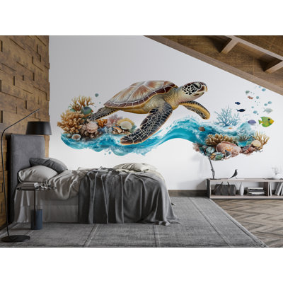 Autocollant mural tortue de mer, autocollant mural vague océanique, décoration de salle de bain récif corallien, art mural marin côtier, décoration de maison de plage tropicale 712MV
