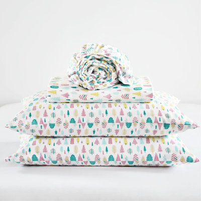 Queen Cotton Flannel Sheet With 4 Pieces, White Holiday Trees Pattern, , Warm, , Machine Wash For Simple Cleaning And Washable