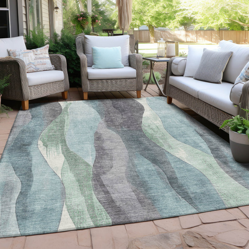Tapis bleu sarcelle lavable à la machine intérieur / extérieur Xhevrie, Rectangle 10 pi x 14 pi