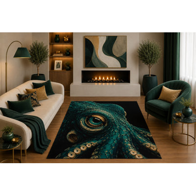 Tapis ultra-léger 152 x 213 cm (5 pi x 7 pi) à motif pieuvre turquoise, inspiré des fonds marins et de la vie côtière, idéal pour le salon, la chambre ou le bureau. Dos en silicone antidérapant, poils courts.