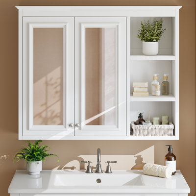 Armoire à pharmacie de salle de bain avec miroir et étagères de rangement ouvertes, dimensions : 35 po L × 28,7 po H