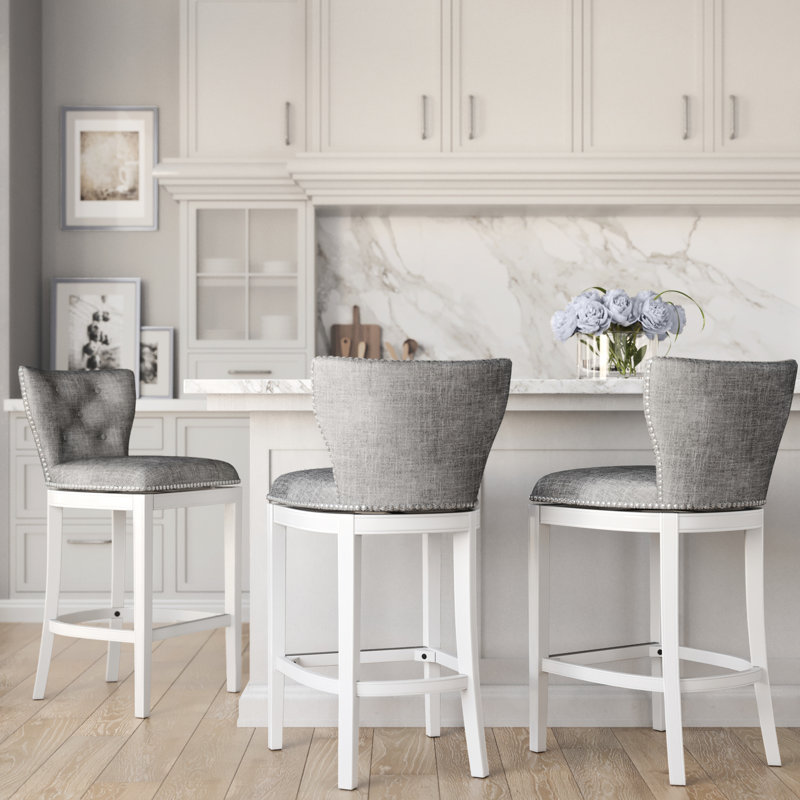 Tabouret de bar rembourré avec dossier, hauteur de 31 pouces, revêtement blanc et gris, boutons, pivotant à 180 degrés, repose-pieds en métal sur plaque, patins en plastique pour le plancher, tabouret pivotant facile à installer,