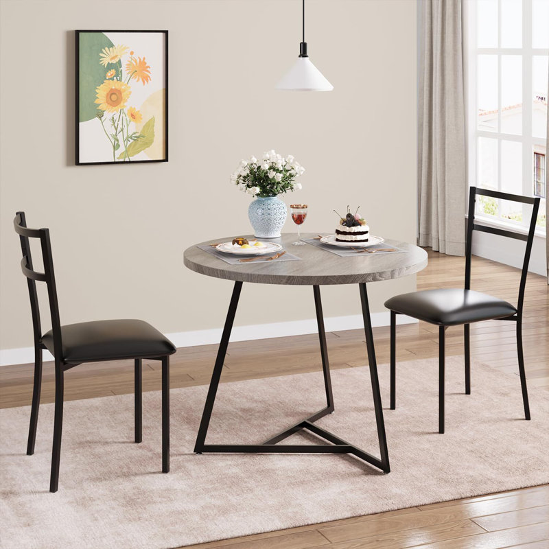 Gray Round Marble Dining Table Set with Black Metal Chairs