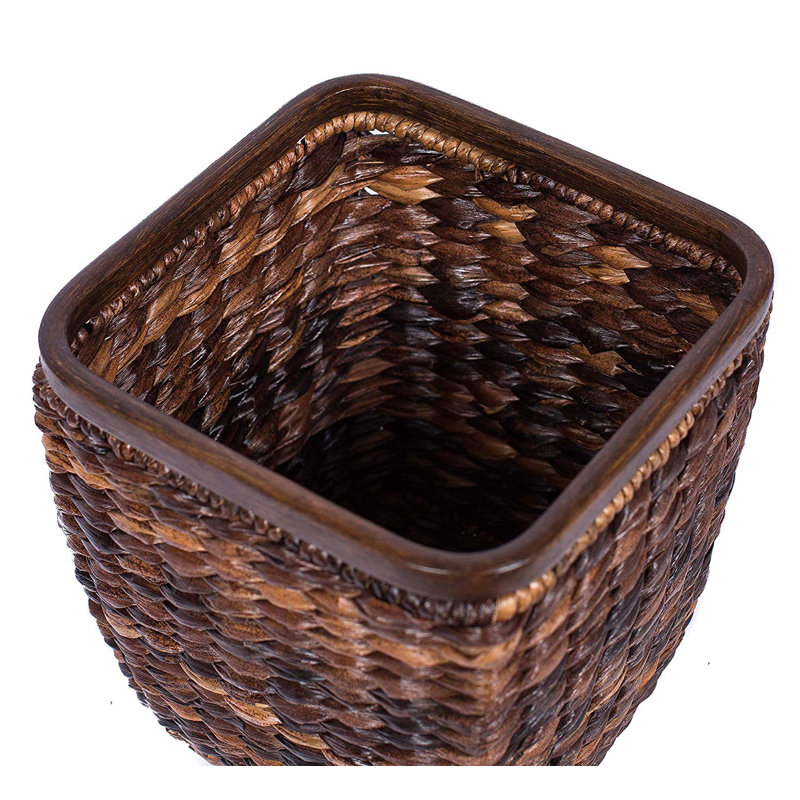 Espresso Seagrass Woven Office Wastebasket with Wooden Base