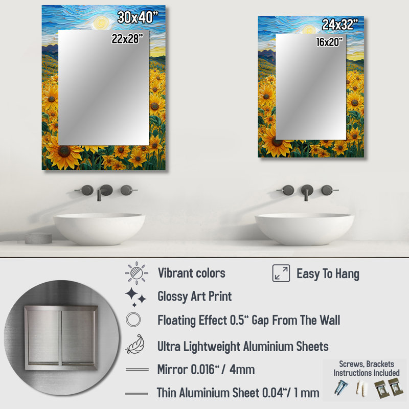 Vangogh Style Sunflowers Mountains - Traditional Wall Mirror, 32" x 24"