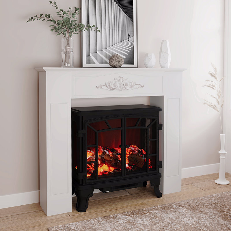 Manteau de foyer en bois de sapin, 113,7 cm (L) x 101,6 cm (H), pour poêle électrique autoportant, blanc vieilli