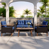 4 Pieces Outdoor Wicker Sectional Sofa With A 3-seat Sofa, 2 Ottomans, A Lifting Table, Retractable Canopy, Washable Cushions, Adjustable Backrest