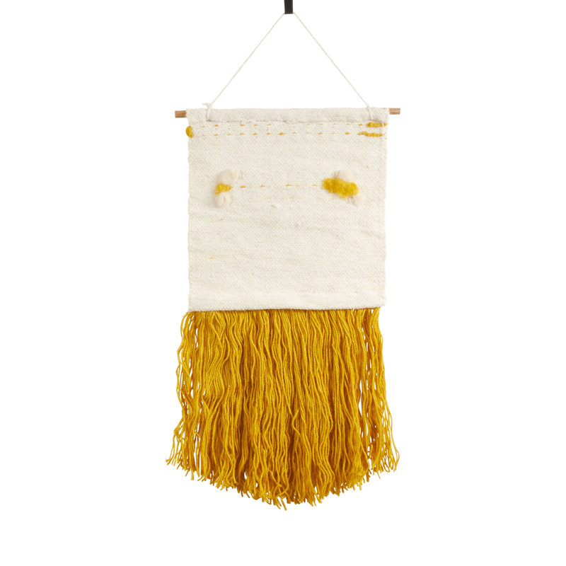 Yellow and White Braided Woven Wall Hanging with Fringe