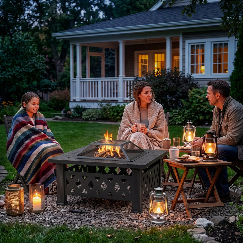 Square Black Wrought Iron Wood Burning Fire Pit, Diamond Lattice Cutout Outdoor Fire Table with Pyramid Mesh Spark Screen & Metal Fire Poker, Multi-functional Fire Bowl for Backyard, Lawn, Garden Camping & Family Gatherings