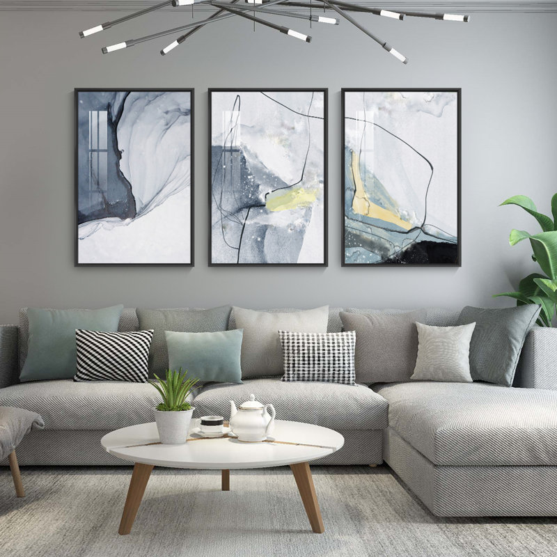 Abstrait aluminium encadré, ensemble de 3 reproductions d'art encadrées sur toile, H 16,3 po x l 36,3 po x P 1,65 po, Noir