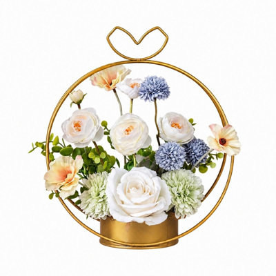 12.99 Inch Artificial Flower Arrangement with Heart Handle Golden Metal Basket for Table Wedding Party Home Decor