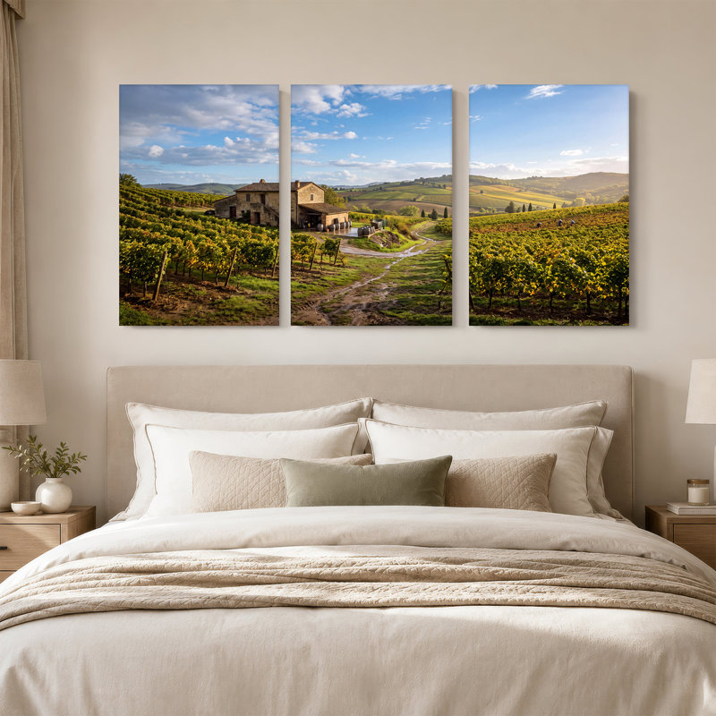 «Stone Farmhouse Amidst Rolling Vineyard Hills», ensemble de 3 toiles murales, H 30 po x l 20 po x 3 pièces