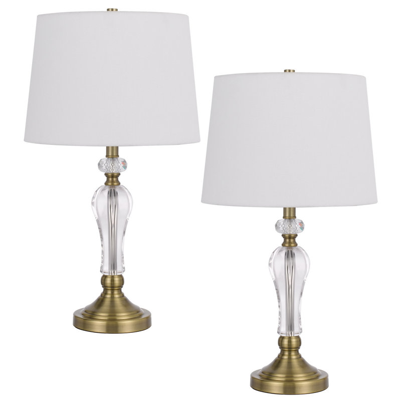 Lampes de table Eastham, lot de 2, 63,5 cm de hauteur, laiton antique, verre, 100 W, culot E26, abat-jour en verre à facettes et tissu blanc