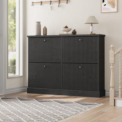 Shoe Cabinet with 4 Flip Drawers,Freestanding Cabinet with Adjustable Shelves and Thicken Top, Fluted Design, Wooden Narrow Shoe Organizer
