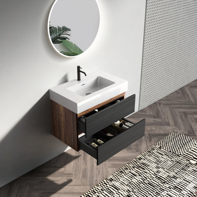 Meuble-lavabo mural de 30 pi avec lavabo d'ingénierie et tiroirs noirs à fermeture en douceur, lavabo blanc brillant, conception sécuritaire Mid-Century moderne, meuble-lavabo, flottant, texture double grain de bois E0