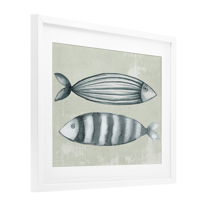 Stick Fish in Neutrals Framed Print Under Glass, design by Eli Jones, 17" H x 21" W, Coastal White Frame