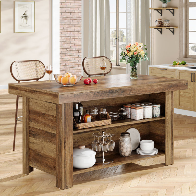 55" Kitchen Island With Storage, Farmhouse Island Table Counter Height Bar Table, Brown