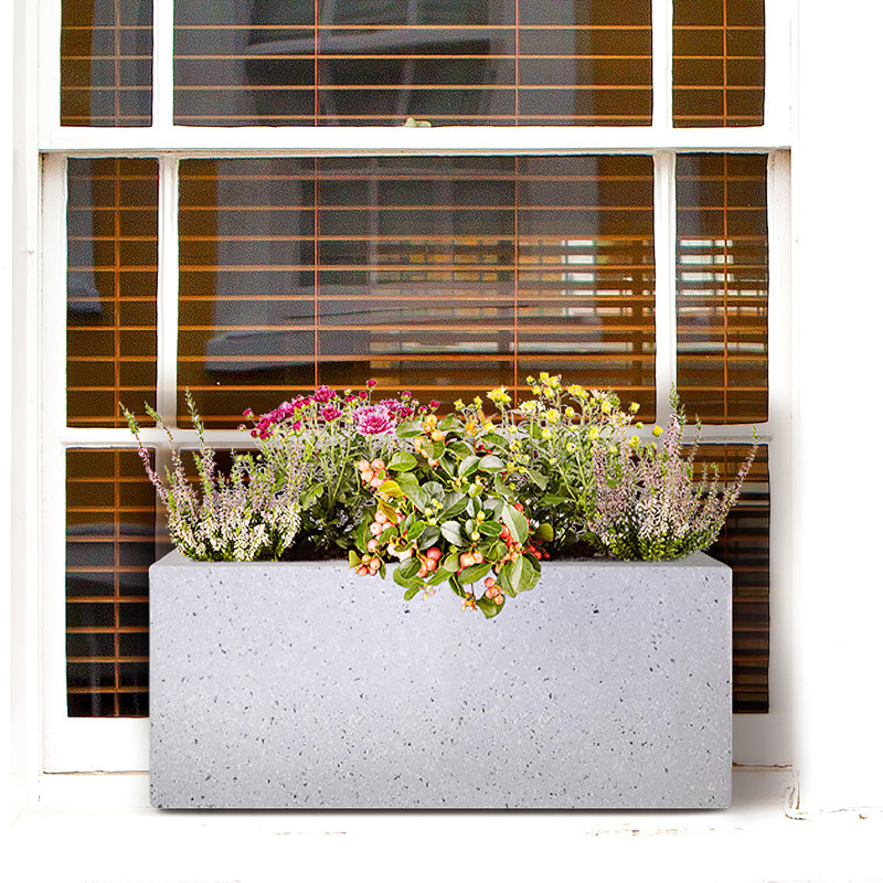 Concrete Effect Square Planter, Frostproof Reinforced Stone Outdoor Plant Pot, Garden Planter Box with Drainage Holes