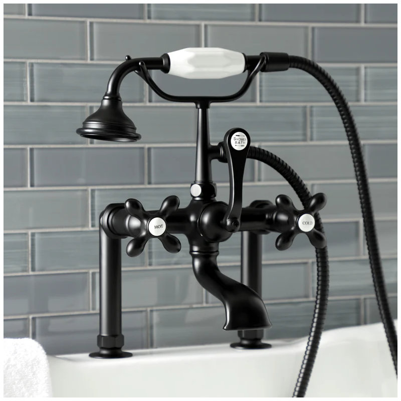 Kingston Brass Aqua Vintage Three-Handle 2-Hole Deck Mount Clawfoot Tub Faucet with Hand Shower, Oil Rubbed Bronze