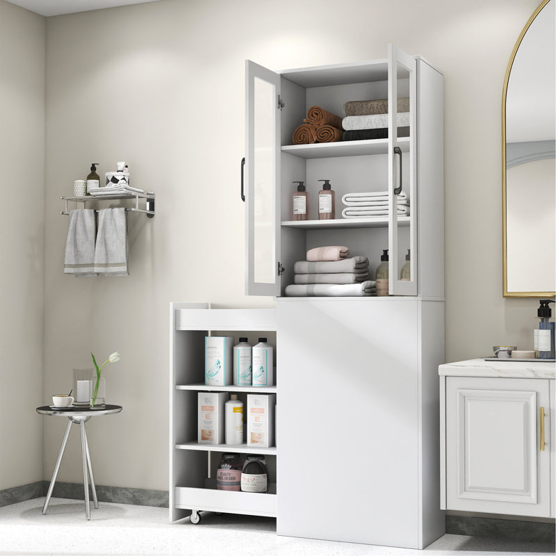 70.87" H Display Storage  Cabinet , 4 Tier Multi-Functional Pull-Out Multi-Tier Storage Shelf & 2 Glass Doors, Modern Wooden  Kitchen Pantry Cabinet For Living Room Or Kitchen And Dinning Room