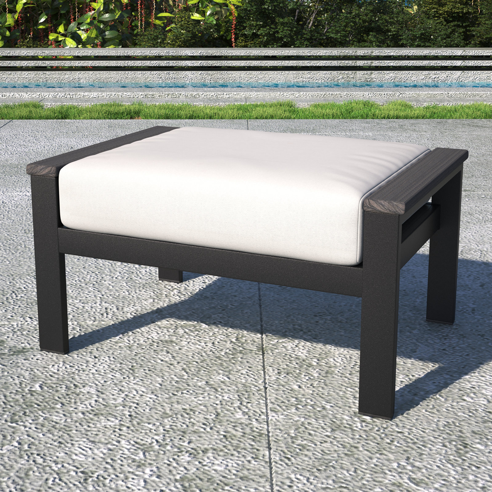  Townsend Indoor Outdoor Aluminum Ottoman with Sunbrella® Cushion, Black, Canvas White Sunbrella® Canvas