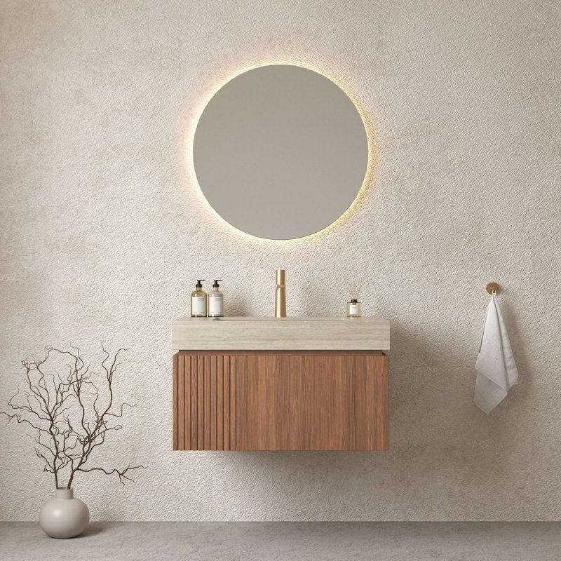 Meuble-lavabo mural simple avec lavabo, 30", Chêne brun, Beige