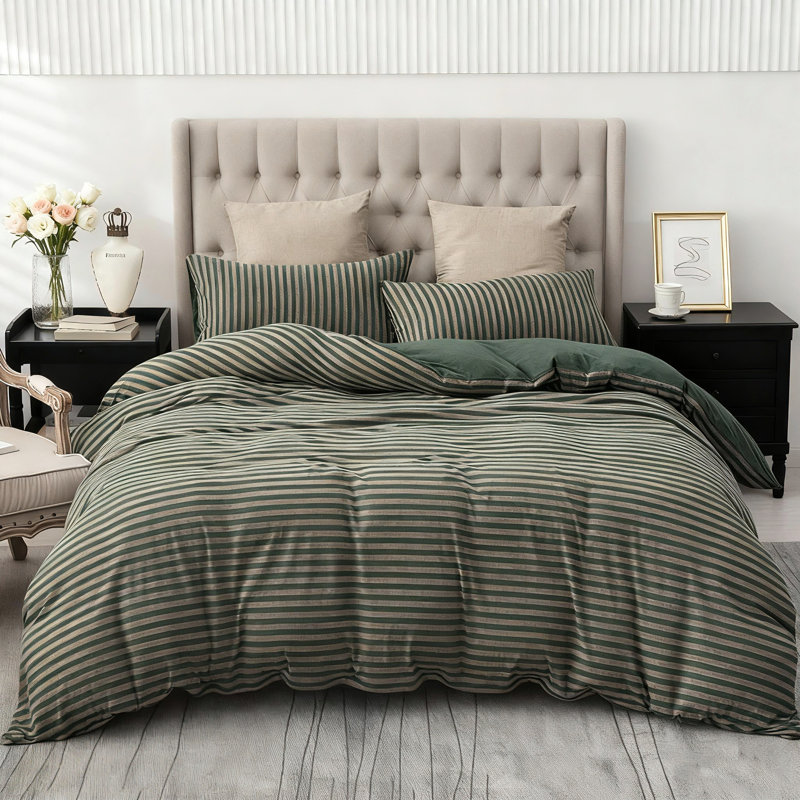 Jersey Cotton Set, Queen Duvet Cover + 2 Standard Shams, Green Striped