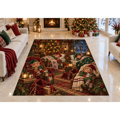 "Ultra Thin" 5' x 7' Vintage Santa Christmas Eve Scene Area Rug for Living Room, Bedroom and Home Office, Soft Low Pile Carpet with Non-Slip Silicone Backing