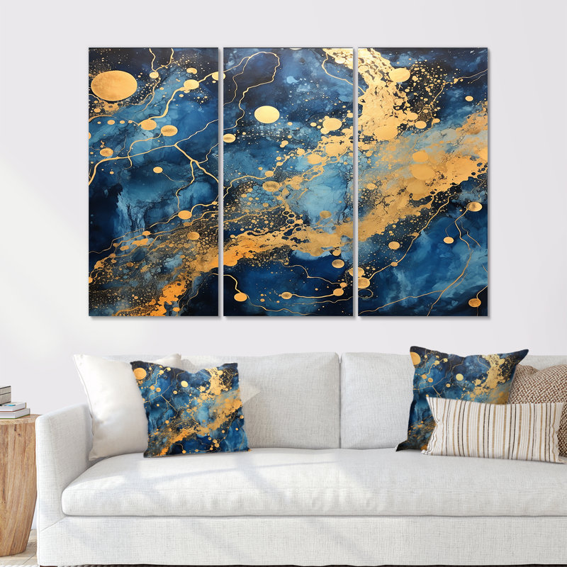 Sparkling Gold Blue Ocean - ensemble d'art mural en marbre, Toile tendue, H 40 po x l 60 po x P 1 po