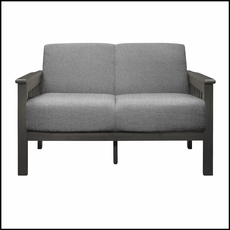 Causeuse de salon classique avec coussins gris et structure en bois d'hévéa massif, sièges confortables de style transitionnel