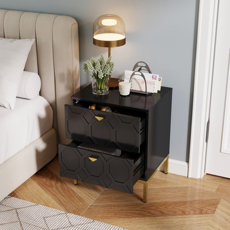 Table de chevet moderne en bois avec 2 tiroirs Bailes, Noir