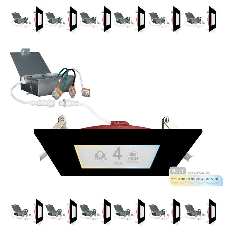Paquet de 12 ampoules encastrées 4 heures NUWATT, homologuées FIRE par 4 pouces, sélectionnable par 2700 K / 3000 K / 3500 K / 4000 K / 5000 K, intensité variable de 900 lumens, homologuée IC, éclairage encastré carré noir ultra-mince, sans tenmat