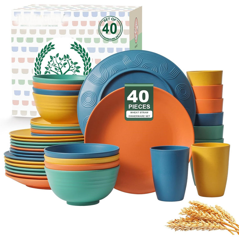 40-Piece Premium Wheat Straw Dinnerware Sets Service For 8, Unbreakable Plates And Bowls Set Cups Sets, Dinner Plates, Bowls For Kitchen,Dishwasher And Microwave Safe Dishes Set Multi