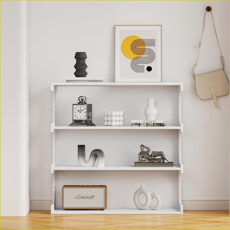 Bibliothèque blanche minimaliste moderne à 4 niveaux | Bibliothèque multifonctionnelle & amp; Table basse | Panneau de fibres à densité moyenne de qualité P2