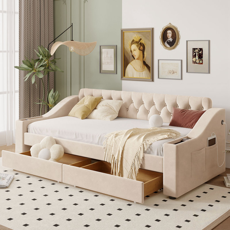 Twin Size Upholstered Daybed with Storage Armrests and USB Port, Beige
