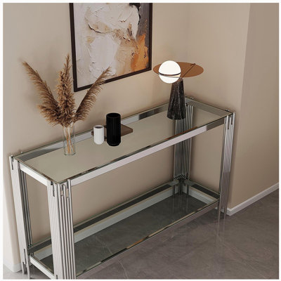 Console supérieure et inférieure en verre trempé à double couche et cadre en acier inoxydable à finition miroir