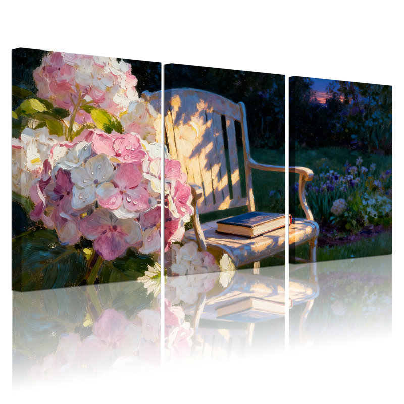 Hydrangea Garden Bench, reproduction d'art sur toile tendue, ensemble de trois pièces (ensemble de 3), H 18 po x l 36 po