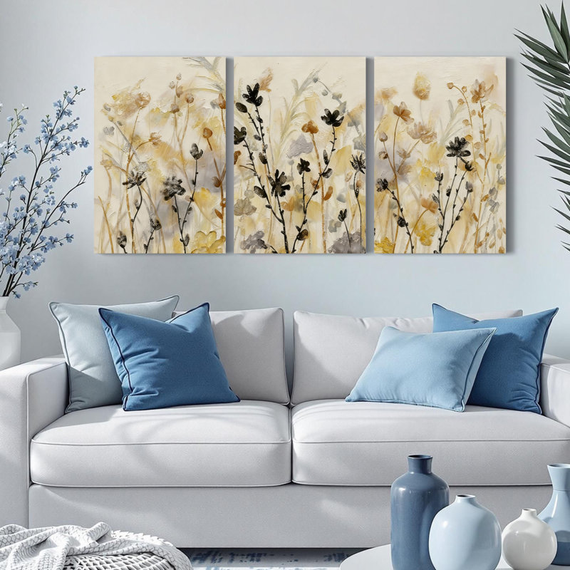Tableau abstrait floral aquarelle sur toile tendue (lot de 3), H 18 po x l 36 po