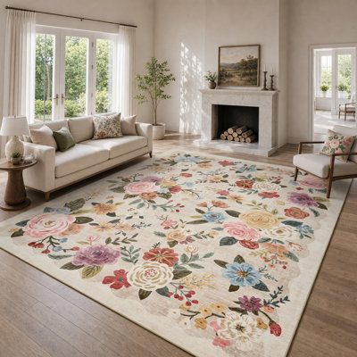 Tapis doux, lavable, à motif floral vintage beige avec envers antidérapant pour salon, chambre