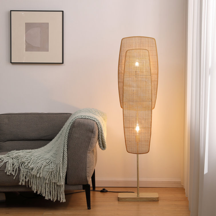 Kathaleen 55" 2 - Light Boho Weaved Bamboo Colum Floor Lamp with Natural Wood Grain Finish