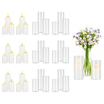 Pillar Candles and Glass Vases Set 36 Pcs, White (2.56" x 4.7", 5.9", 7.9"), Clear Cylinder Hurricane Candle Holders for Wedding Centerpieces, Tall Vase for Table Decor, Wedding Party, Thanksgiving