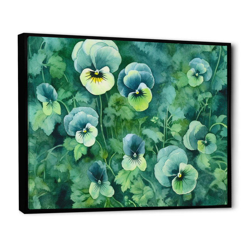 " Green Teal Pansies Harmony ", 24" H x 32" W x 1" D, Black Floater Framed