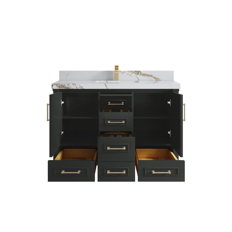 Ensemble de meuble-lavabo simple 48 po avec plateau en quartz Aberdeen, Or Calacatta