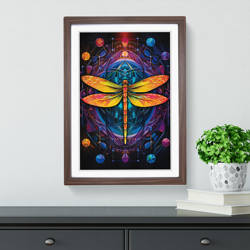 XYZ-FRM-V1223-560 Dragonfly Geometric 1 Piece Single Picture Frame Wall Art, 34cm H x 25cm W x 2cm D, Walnut