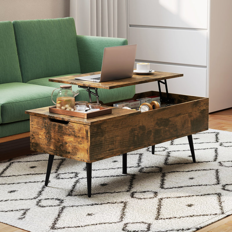 Lift Top Coffee Table w/ Split Top & 2 Hidden Compartments Tapered Metal Legs, Brown Top/Black Base