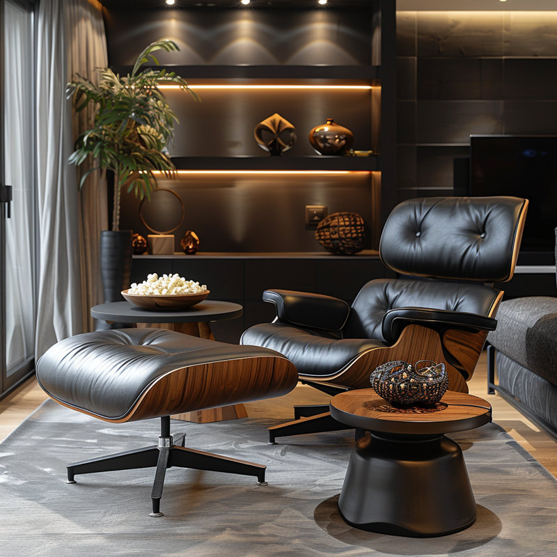 Fauteuil lounge en cuir avec bois massif, Cuir noir bois de rose