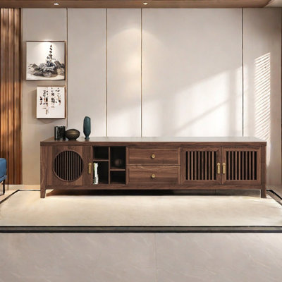 Grille wood strip design TV cabinet