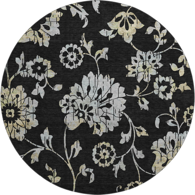 Premium Machine Washable Prisco Black Rug, Round 8'