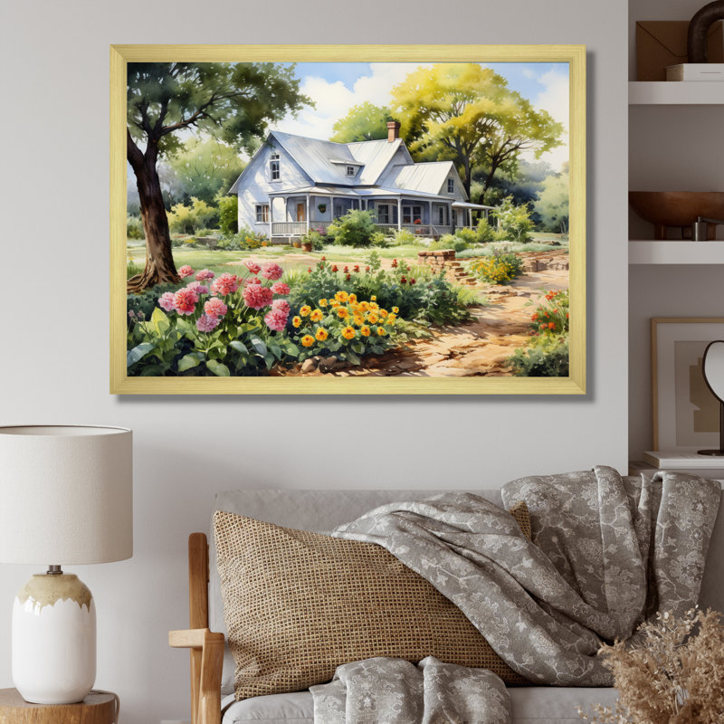 Farmhouse Frontyard Oasis I - Décoration murale de ferme, H 16 po x l 32 po x P 1 po, Cadre doré simple
